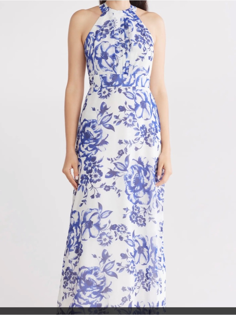 Halter-Neck Blue Floral Maxi Dress